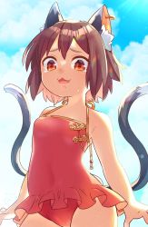 Rule 34 | 1girl, :3, adapted costume, animal ear fluff, animal ears, bare arms, bare shoulders, blue sky, breasts, brown eyes, brown hair, cat ears, cat tail, chen, cloud, contrapposto, cowboy shot, day, disgust, earrings, fang, frills, from below, hat, highres, ibaraki natou, jewelry, looking at viewer, mob cap, multiple tails, nekomata, one-piece swimsuit, open mouth, outdoors, piercing, short hair, single earring, sky, small breasts, solo, swimsuit, tail, touhou, two tails