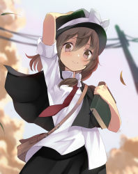 Rule 34 | 1girl, arm up, bag, black cape, black hat, black skirt, blue sky, blurry, blurry background, blush, book, bookmark, bow, brown eyes, brown hair, cape, closed mouth, collared shirt, commentary request, day, depth of field, hair between eyes, hand on headwear, hat, hat bow, highres, holding, holding book, leaf, long hair, necktie, nuqura, outdoors, pleated skirt, power lines, red necktie, shirt, shoulder bag, skirt, sky, smile, solo, touhou, usami renko, utility pole, white bow, white shirt
