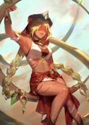 Rule 34 | 1girl, arm up, armpits, artist name, blindfold, braid, chakram, closed mouth, elodeas, eremite floral ring-dancer (genshin impact), genshin impact, green hair, highres, long hair, midriff, navel, outdoors, red blindfold, red sash, sash, solo, stomach, twin braids, weapon