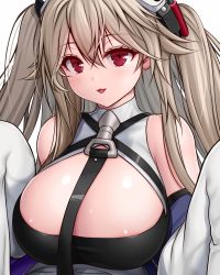 Rule 34 | 1girl, :3, anchorage (azur lane), asamura hiori, azur lane, bare shoulders, blush, breasts, brown hair, cleavage, detached sleeves, hair ornament, highres, huge breasts, long hair, looking at viewer, open mouth, red eyes, smile, solo, twintails, wide sleeves