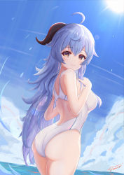 Rule 34 | ahoge, artist name, ass, back, blue hair, blush, breasts, competition swimsuit, curled horns, ganyu (genshin impact), genshin impact, highres, horns, long hair, looking at viewer, medium breasts, ocean, one-piece swimsuit, sky, smile, solo, standing, sun, swimsuit, unishaho