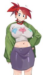 Rule 34 | 1girl, absurdres, alternate breast size, black choker, breasts, choker, cowboy shot, curvy, ear piercing, facing viewer, foster&#039;s home for imaginary friends, frankie foster, green hoodie, hand on own hip, highres, hoodie, jacket, large breasts, looking at viewer, midriff, miniskirt, navel, nia (nia4294), notice lines, open clothes, open jacket, pencil skirt, piercing, red hair, shirt, simple background, skirt, solo, standing, tank top, white background