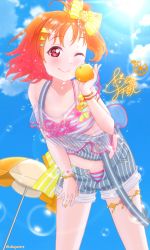 Rule 34 | 1girl, ;), a chika-tastic summer (love live!), ad (diaja1414), air bubble, alternate hairstyle, antenna hair, artist name, artist request, bare legs, bare shoulders, bikini, bikini under clothes, blue pants, blue shorts, blue sky, blush, bow, bracelet, braid, breasts, bridal garter, bubble, cleavage, clothes writing, cloud, collarbone, day, earrings, female focus, food, food-themed hair ornament, fruit, hair bow, hair ornament, hairclip, halterneck, heart (symbol), highres, holding, holding orange, jewelry, looking at viewer, love live!, love live! school idol festival, love live! school idol festival all stars, love live! sunshine!!, medium breasts, medium hair, off-shoulder shirt, off shoulder, one eye closed, open fly, orange (fruit), orange bow, orange hair, orange hair ornament, outdoors, pants, parted bangs, parted lips, pearl bracelet, pink bikini, polka dot, polka dot bow, ponytail, red eyes, ribbon, see-through, see-through shirt, see-through sleeves, shirt, short hair, short sleeves, shorts, side braid, side ponytail, single braid, sky, smile, solo, sparkle, strap slip, striped bikini, striped bow, striped clothes, striped pants, striped shorts, striped tank top, sun, sunlight, suspenders, suspenders hanging, swimsuit, takami chika, tank top, thighlet, triangle hair ornament, two-tone bikini, umbrella, vertical-striped clothes, vertical-striped shorts, wink, wrist bow, yellow bow, yellow ribbon