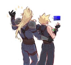 Rule 34 | 2boys, arm armor, armor, artist name, belt, black gloves, black pants, black sweater, blonde hair, blue pants, blue shirt, brown belt, cheppo, cloud strife, commentary, english commentary, english text, final fantasy, final fantasy vii, final fantasy vii rebirth, final fantasy vii remake, from behind, gloves, hand on another&#039;s hip, hand up, hands up, highres, holding orb, long hair, male focus, military uniform, multiple boys, pants, pauldrons, roche (ff7r), shirt, short hair, shoulder armor, single pauldron, sleeveless, sleeveless sweater, sleeveless turtleneck, sparkle, spiked hair, sweater, thigh strap, turtleneck, turtleneck sweater, uniform, upper body, white background, yaoi
