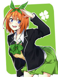 Rule 34 | 1girl, black jacket, blazer, blue eyes, bow, bowtie, breasts, brown hair, go-toubun no hanayome, green bow, green skirt, hair between eyes, highres, holding, jacket, kagari liroi, large breasts, looking at viewer, miniskirt, nakano yotsuba, open mouth, paper, pleated skirt, school uniform, shirt, skirt, smile, solo, stack, sweater, sweatervest, white background, white shirt, yellow sweater