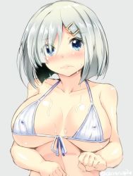 Rule 34 | 10s, 1girl, bikini, blue eyes, blush, breasts, covered erect nipples, female focus, gin&#039;ichi (akacia), hair ornament, hair over one eye, hairclip, hamakaze (kancolle), kantai collection, large breasts, looking at viewer, short hair, silver hair, simple background, solo, swimsuit, white bikini