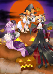 Rule 34 | 3girls, alice margatroid, animal ears, blonde hair, blue eyes, book, boots, braid, bug, cat ears, cat girl, cat tail, doll, dress, female focus, hairband, halloween, hat, head wings, jack-o&#039;-lantern, kirisame marisa, long hair, mikagami hiyori, multiple girls, outdoors, patchouli knowledge, pumpkin, purple eyes, purple hair, shanghai doll, short hair, sky, spider, tail, thigh boots, thighhighs, touhou, wings, witch, witch hat, yellow eyes