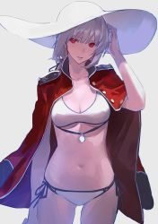 Rule 34 | 1girl, arm up, bikini, braid, breasts, closed mouth, commentary request, cowboy shot, fate/grand order, fate (series), florence nightingale (chaldea lifesavers) (fate), florence nightingale (fate), grey background, hat, highres, jacket, jacket on shoulders, kawaguchi (mojacome), looking at viewer, medium breasts, navel, open clothes, open jacket, parted lips, red eyes, side-tie bikini bottom, silver hair, simple background, solo, sun hat, swimsuit, white bikini
