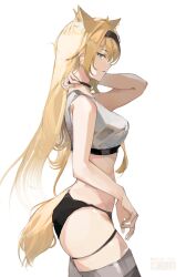 Rule 34 | 1girl, absurdres, animal ear fluff, animal ears, arknights, bare shoulders, black choker, black hairband, black panties, blonde hair, blue eyes, breasts, choker, closed mouth, cmdr saturn, cowboy shot, crop top, from side, grey tank top, hairband, highres, horn (arknights), long hair, looking at viewer, looking to the side, medium breasts, midriff, panties, profile, shirt, simple background, solo, tail, tank top, underwear, white background, wolf ears, wolf girl, wolf tail