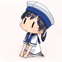 Rule 34 | 1girl, black hair, blue sailor collar, chibi, commentary request, dress, full body, hat, hiburi (kancolle), highres, kantai collection, kneeling, low ponytail, nemuou, sailor collar, sailor dress, sailor hat, shoes, short hair, short sleeves, simple background, socks, solid oval eyes, solo, uwabaki, white background, white dress, white socks
