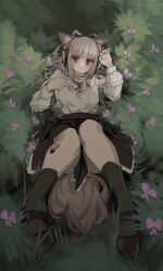 Rule 34 | 1girl, absurdres, alternate costume, animal ear fluff, arknights, arm up, blush, brown hair, brown skirt, expressionless, field, flower, flower field, frilled shirt, frilled shirt collar, frilled sleeves, frills, frostleaf (arknights), hand up, headphones, highres, implied extra ears, kneehighs, long hair, long skirt, long sleeves, looking at viewer, lying, mary janes, material growth, on back, on grass, oripathy lesion (arknights), pink flower, red eyes, shadow, shirt, shoes, skirt, socks, togekk0, white shirt