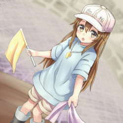 Rule 34 | 10s, 1girl, :o, black footwear, blue shirt, blurry, blurry background, blush, boots, brown eyes, brown hair, brown shorts, character name, clothes writing, commentary request, depth of field, dutch angle, fingernails, flag, flat cap, hair between eyes, hat, hataraku saibou, highres, holding, holding flag, jd (bibirijd), knee boots, long hair, looking at viewer, open mouth, platelet (hataraku saibou), round teeth, shirt, short shorts, short sleeves, shorts, solo, teeth, upper teeth only, very long hair, whistle, white hat