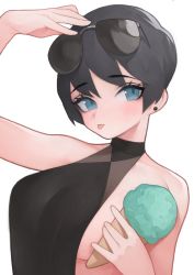 Rule 34 | 1girl, absurdres, arm up, bare shoulders, black hair, blue eyes, blush, closed mouth, earrings, eyewear on head, food, highres, holding, holding food, ice cream, jewelry, original, rabbit (wlsdnjs950), short hair, simple background, solo, sunglasses, tongue, tongue out, turtleneck, upper body, white background