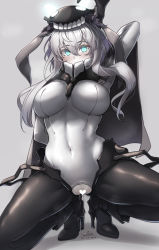 Rule 34 | 1girl, abyssal ship, arm up, arms behind back, blue eyes, blush, bodysuit, breasts, cane, cape, censored, commentary request, covered navel, covering own mouth, crotch cutout, glowing, glowing eyes, gluteal fold, headgear, heart, heart censor, high heels, highres, holding, holding cane, kantai collection, kneeling, konoshige (ryuun), large breasts, long hair, looking at viewer, on one knee, pale skin, pussy, pussy juice, silver hair, simple background, solo, spread legs, steam, steaming body, sweat, teeth, wo-class aircraft carrier