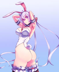 Rule 34 | 10s, 1girl, :o, absurdres, ahoge, animal ears, arms behind head, arms up, ass, between breasts, bow, bowtie, breasts, cleavage, cowboy shot, dated, fake animal ears, female focus, frills, gradient background, highres, hinomoto madoka, large breasts, leotard, long hair, looking back, pink hair, playboy bunny, purple eyes, rabbit tail, senki zesshou symphogear, signature, solo, tail, thighhighs, thighs, twisted torso, very long hair, yukine chris