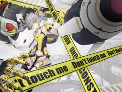 Rule 34 | 1girl, arm guards, armor, armored leotard, armpits, blush, bow, breasts, bronya zaychik, bronya zaychik (yamabuki armor), caution tape, character name, closed mouth, crossed bangs, detached arm, drill hair, elevator, floating, gloves, hair between eyes, hair bow, hair ribbon, head tilt, highres, honkai (series), honkai impact 3rd, indoors, leotard, long hair, looking at viewer, mechanical arms, ribbon, robot, sidelocks, silver hair, small breasts, solo, thigh strap, thighhighs, torayuki, twin drills, twintails, under construction, yamabuki armor, yellow eyes