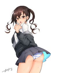 Rule 34 | 1girl, :o, ass, bad id, bad pixiv id, black jacket, black skirt, bloody0rabby, blush, brown eyes, brown hair, clothes lift, collared shirt, dress shirt, hair between eyes, highres, idolmaster, idolmaster cinderella girls, jacket, long hair, long sleeves, looking at viewer, looking back, mask, mask pull, mole, mole under eye, mouth mask, off shoulder, open mouth, panties, pantyshot, sharp teeth, shirt, signature, skirt, skirt lift, solo, standing, striped clothes, striped panties, sunazuka akira, surgical mask, sweat, teeth, thighs, twintails, underwear, white background, white shirt, wind, wind lift