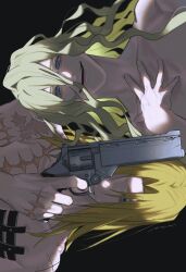 Rule 34 | 2boys, agl arms .45 long colt, black background, blonde hair, blue eyes, break-action revolver, brothers, closed mouth, collarbone, gun, hand up, handgun, highres, holding, holding gun, holding weapon, long hair, looking at viewer, low bore axis revolver, male focus, millions knives, mix (wkupmix), mole, mole under eye, multiple boys, open mouth, revolver, scar, scar on chest, scar on hand, siblings, simple background, smile, topless male, trigun, trigun stampede, upper body, vash the stampede, weapon