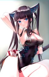 Rule 34 | 1girl, absurdres, arm behind head, arm up, armpits, baocaizi, bare shoulders, black dress, blue eyes, blunt bangs, blush, breasts, china dress, chinese clothes, cleavage, closed mouth, covered navel, detached sleeves, dress, fate/grand order, fate (series), hair ornament, highres, large breasts, long hair, looking at viewer, purple hair, sideboob, sidelocks, smile, solo, thighs, twintails, very long hair, yang guifei (fate), yang guifei (second ascension) (fate)