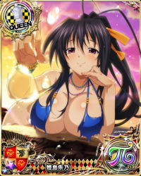 Rule 34 | 1girl, bikini, black hair, blue bikini, blush, bracelet, breasts, card (medium), character name, chess piece, cleavage, closed mouth, hair ribbon, high school dxd, high school dxd pi, himejima akeno, jewelry, large breasts, long hair, looking at viewer, necklace, official art, ponytail, purple eyes, queen (chess), ribbon, smile, solo, sunset, swimsuit, torn clothes, trading card, very long hair