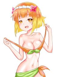 Rule 34 | 1girl, absurdres, bikini, blonde hair, blush, breasts, cleavage, endro!, fai fai, highres, large breasts, looking at viewer, navel, open mouth, simple background, smile, solo, standing, swimsuit, untied bikini, white background, yellow eyes