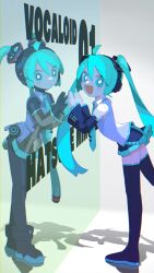 Rule 34 | 2girls, absurdres, ahoge, android, aqua hair, aqua nails, black footwear, black skirt, blush stickers, boots, bright pupils, cable, character name, cheri zao, commentary, copyright name, detached sleeves, dual persona, fang, from side, hair ornament, hands up, hatsune miku, hatsune miku (vocaloid3), headphones, highres, joints, leaning forward, looking at viewer, looking to the side, mechanical parts, miniskirt, multiple girls, open mouth, pleated skirt, robot joints, see-through, see-through skirt, see-through sleeves, skin fang, skirt, smile, thigh boots, thighhighs, twintails, vocaloid, white pupils, wide-eyed, zettai ryouiki