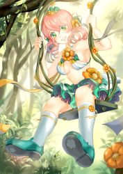 Rule 34 | 1girl, :d, armpits, bare arms, bare shoulders, breasts, drill hair, flower, forest, full body, green eyes, green skirt, grin, hair flower, hair ornament, layered skirt, nature, open mouth, original, outdoors, pink hair, plant, shoe soles, shoes, short hair, skirt, smile, socks, solo, swing, teeth, tree, twin drills, twintails, underboob, vines