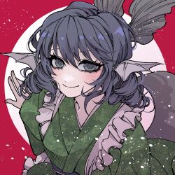 Rule 34 | 1girl, closed mouth, commentary, drill hair, fins, frilled kimono, frills, green kimono, grey eyes, grey hair, head fins, japanese clothes, kimono, long hair, long sleeves, looking at viewer, mermaid, monster girl, saori kudou, smile, solo, touhou, wakasagihime