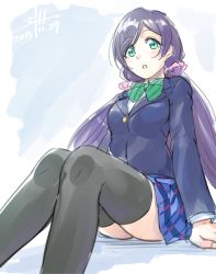 Rule 34 | 10s, 1girl, 2015, :o, black thighhighs, blazer, bow, bowtie, breasts, dated, green bow, green bowtie, green eyes, hair ornament, jacket, knees together feet apart, long hair, looking at viewer, love live!, love live! school idol project, miniskirt, purple hair, school uniform, sitting, skirt, solo, striped bow, striped bowtie, striped clothes, thighhighs, tojo nozomi, wedo, zettai ryouiki