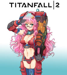 Rule 34 | 1girl, animification, armor, backpack, bag, breasts, butterfly on hair, cleavage, copyright name, glasses, gloves, green eyes, gun, hair ornament, hmage, long hair, machine gun, mecha musume, medium breasts, monarch (titanfall 2), navel, personification, pink hair, stomach, thighhighs, titanfall, titanfall (series), titanfall 2, weapon