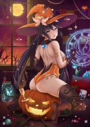 Rule 34 | 1girl, absurdres, adapted costume, ass, back, black hair, blush, breasts, brown thighhighs, from side, genshin impact, green eyes, halloween, hat, hat ornament, highleg, highleg leotard, highres, jack-o&#039;-lantern, leotard, long hair, looking at viewer, medium breasts, mona (genshin impact), ryuuneart, thighhighs, thighlet, thighs, twintails, witch hat