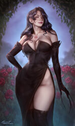 Rule 34 | 1girl, aleriia v, artist name, black dress, black hair, breasts, chest tattoo, claws, cleavage, closed mouth, collarbone, commentary, dress, elbow gloves, english commentary, flower, fullmetal alchemist, gloves, hand on own hip, highres, homunculus, large breasts, lips, long hair, looking at viewer, lust (fma), no panties, purple eyes, rose, seductive smile, side slit, signature, simple background, smile, solo, strapless, strapless dress, tattoo, thighhighs, thorns