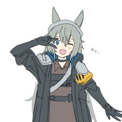 Rule 34 | 1girl, ;d, arknights, black gloves, black jacket, blue eyes, brown shirt, gloves, grani (arknights), grey hair, grey headwear, hair between eyes, hand up, jacket, kofucchi, looking at viewer, one eye closed, open clothes, open jacket, open mouth, shirt, simple background, smile, solo, upper body, v over eye, white background