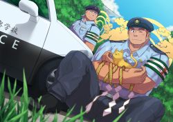 Rule 34 | 2boys, absurdres, animal, bara, brown hair, car, cat, character request, commission, crossed legs, foot out of frame, grass, haishiba ame, halo, halo behind head, hat, highres, holding, holding animal, looking at another, male focus, motor vehicle, multiple boys, muscular, muscular male, one eye closed, police, police car, police hat, police uniform, policeman, rope, short hair, sideburns, sitting, skeb commission, sky, smile, spread legs, thick thighs, thighs, tokyo houkago summoners, uniform