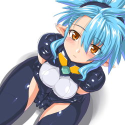 Rule 34 | 10s, 1girl, bad id, bad pixiv id, between legs, blue hair, blush, busou shinki, dd (ijigendd), doll joints, from above, gloves, hand between legs, joints, looking at viewer, looking up, pointy ears, proxima, short hair, simple background, sitting, solo, v arms, white background, yellow eyes