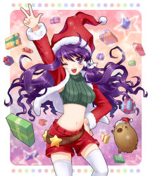 Rule 34 | 00s, 1girl, belt, botan (clannad), christmas, clannad, fujibayashi kyou, gift, hand on own hip, hat, hip focus, impossible clothes, impossible shirt, long hair, mauve, midriff, navel, one eye closed, purple eyes, purple hair, santa costume, santa hat, shirt, shorts, solo, thighhighs, white thighhighs, wink