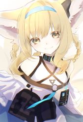 Rule 34 | 1girl, animal ears, arknights, bare shoulders, blonde hair, blue hairband, braid, closed mouth, commentary request, dress, earpiece, fox ears, fox girl, fox tail, hairband, head tilt, highres, hk nnm, id card, infection monitor (arknights), kitsune, kyuubi, looking at viewer, multiple tails, short hair, smile, solo, suzuran (arknights), tail, upper body, white dress, yellow eyes