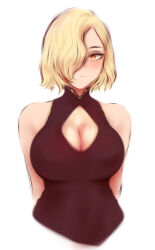 Rule 34 | 1girl, blonde hair, boku no hero academia, breasts, cleavage, cleavage cutout, closed mouth, clothing cutout, expressionless, hair over one eye, highres, large breasts, light blush, looking at viewer, ryuukyuu, shpo, simple background, solo, upper body, white background, yellow eyes