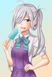 Rule 34 | 1girl, ahoge, anti (untea9), aqua bow, aqua bowtie, asashimo (kancolle), bow, bowtie, collared shirt, dress, fang, food, grey eyes, grey hair, hair over one eye, highres, holding, holding food, jewelry, kantai collection, long hair, open mouth, popsicle, purple dress, ring, shirt, short sleeves, skin fang, solo, upper body, wedding band, white shirt