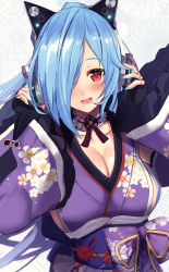 Rule 34 | .live, 1girl, blue hair, blush, breasts, cleavage, fingerless gloves, fingernails, gloves, headphones, highres, japanese clothes, large breasts, looking at viewer, open mouth, red eyes, solo, untue, upper body, virtual youtuber, yamato iori