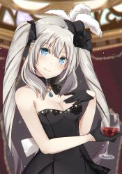 Rule 34 | bare shoulders, blue eyes, blush, breasts, cleavage, cup, dress, drinking glass, fate/grand order, fate (series), gloves, grey hair, highres, jewelry, long hair, marie antoinette (fate), marie antoinette (formal dress) (fate), necklace, official alternate costume, rider (marie antoinette), smile, solo, twintails, very long hair, wine glass