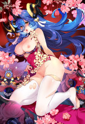 Rule 34 | 1girl, ahoge, arched back, arm behind back, ass, blue hair, blush, bra, bra pull, breasts, breasts out, china dress, chinese clothes, cleavage cutout, clothes lift, clothes pull, clothing cutout, dress, dress lift, fingernails, flower, from side, full body, halterneck, hatoyama itsuru, highres, horns, kneeling, large breasts, leaning forward, lifted by self, long hair, looking at viewer, navel, nipples, no panties, open mouth, orange eyes, original, pussy, pussy juice, solo, thighhighs, twitter username, underwear, white thighhighs