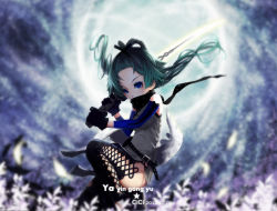 Rule 34 | aqua hair, bad id, bad pixiv id, belt, blue eyes, cici, gloves, hair rings, luo tianyi, scarf, solo, sword, vocaloid, weapon, wings