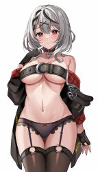 Rule 34 | 1girl, bare shoulders, belt bra, black collar, black gloves, black hair, black jacket, black panties, blush, braid, breasts, caution tape, chest belt, collar, commentary, cowboy shot, finger to mouth, fingerless gloves, garter straps, gloves, grey hair, hair ornament, heart pendant, highres, hololive, jacket, kagemi, lace, lace-trimmed panties, lace trim, large breasts, looking at viewer, multicolored hair, navel, o-ring, off-shoulder jacket, off shoulder, panties, parted lips, red eyes, sakamata chloe, short hair, sidelocks, simple background, solo, stomach, streaked hair, symbol-only commentary, thigh gap, thighhighs, thighs, underboob, underwear, virtual youtuber, white background, x hair ornament