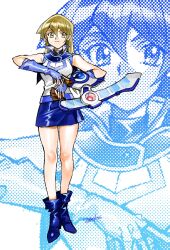 Rule 34 | 1girl, 203wolves, bare shoulders, belt, blonde hair, blue footwear, blue gloves, blue sailor collar, blue skirt, boots, breasts, buttons, card, closed mouth, duel academy uniform (yu-gi-oh! gx), duel disk, fingerless gloves, full body, gloves, hair between eyes, halftone, high collar, high heel boots, high heels, highres, holding, holding card, legs, long hair, looking at viewer, medium breasts, miniskirt, sailor collar, shirt, signature, skirt, sleeveless, sleeveless shirt, smile, solo, standing, straight hair, tenjouin asuka, turtleneck, yellow eyes, yu-gi-oh!, yu-gi-oh! gx