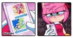 Rule 34 | 1boy, 1girl, amy rose, artist name, border, chat log, comic, dress, english text, furry, furry female, furry male, gloves, green eyes, heart, heart hands failure, highres, holding, holding phone, one eye closed, open mouth, phone, photo (object), pink dress, sonic (series), sonic the hedgehog, thumbs up, watermark, white border, white gloves, wizaria