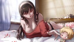 Rule 34 | 1girl, bare shoulders, bed, black hair, breasts, cleavage, hairband, highres, large breasts, long hair, lying, on stomach, open mouth, panties, red eyes, red shirt, shirt, sky, sora raion, spy x family, twilight (spy x family), underwear, window, yor briar, yoru (otokuyou), yoru (valorant)