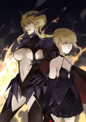 Rule 34 | 2girls, 3four, armor, artoria pendragon (all), artoria pendragon (fate), artoria pendragon (lancer alter) (fate), bare shoulders, black choker, black dress, black gloves, black legwear, black leotard, black skirt, blonde hair, braid, breasts, choker, closed mouth, contrapposto, dress, dual persona, elbow gloves, excalibur morgan (fate), fate/grand order, fate (series), fire, fire, gauntlets, gloves, glowing, glowing eyes, hair between eyes, hair bun, hand on own hip, height difference, holding, holding sword, holding weapon, horns, large breasts, leotard, looking to the side, multiple girls, pleated skirt, saber alter, single hair bun, skirt, small breasts, standing, sword, thighhighs, v-shaped eyebrows, weapon, yellow eyes