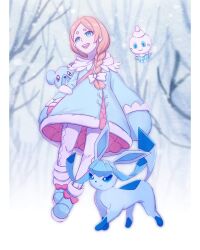 Rule 34 | bare tree, blonde hair, blue coat, blue eyes, blue footwear, blurry, blurry background, bow, braid, coat, creatures (company), cubchoo, game freak, gen 4 pokemon, gen 5 pokemon, glaceon, hair bow, highres, long hair, nintendo, outdoors, pokemon, pokemon (creature), shay0316, snowing, tree, vanillite, white bow