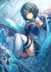 Rule 34 | 10s, 1girl, ass, blue eyes, blue hair, bubble, cape, clothes between thighs, detached sleeves, fal maro, female focus, fortissimo, hair ornament, hairclip, highres, looking at viewer, magical girl, mahou shoujo madoka magica, mahou shoujo madoka magica (anime), mahou shoujo madoka magica movie 1 &amp; 2, matching hair/eyes, miki sayaka, musical note, musical note hair ornament, no panties, open mouth, purple eyes, shirt, skirt, solo, thighhighs, underwater, upskirt, wet, wet clothes, white thighhighs